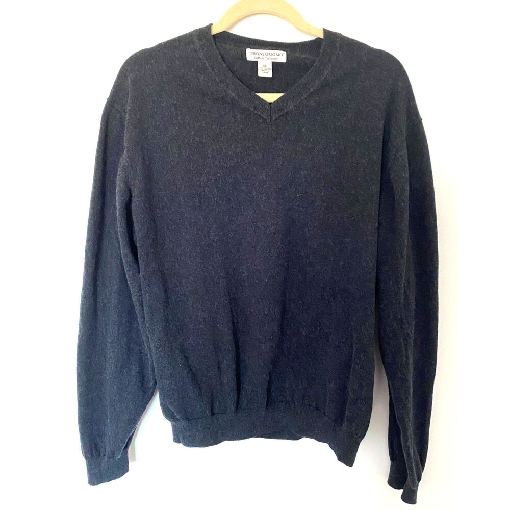 Pronto Uomo Cotton Cashmere Blend Gray V Neck Long Sleeve Pullover Sweater Sz XL